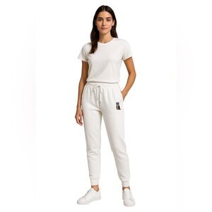 Yuna Fashion White Waffle Knit Jogger Pants Bear Graphic Cozy Athleisure S/M